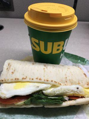 Steak and eggs breakfast sammich + coffee for the bargain price of $4.93 (tax included!)