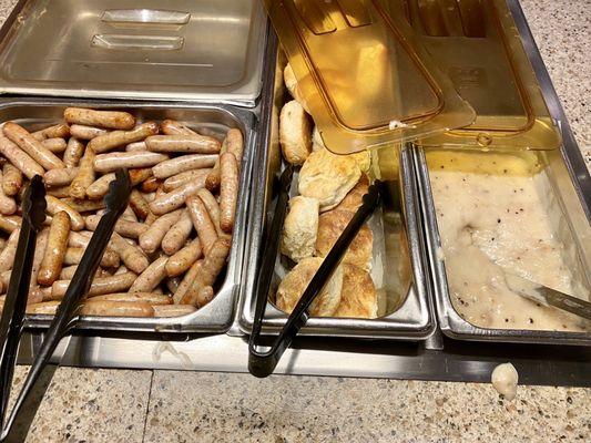 Sausage, biscuits and gravy on the breakfast buffet