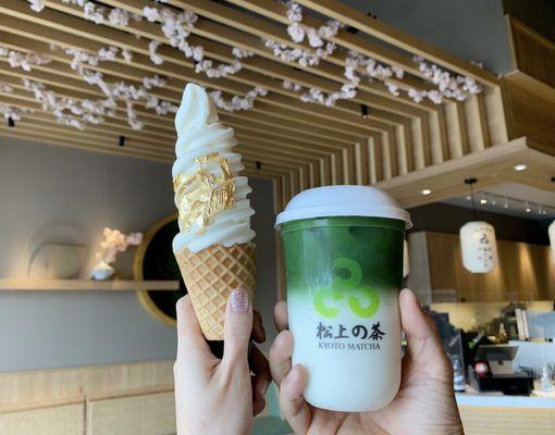 milk soft serve with gold foil + matcha latte (before shaking) with 50% sweetness