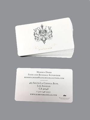 Business Cards for SLS Hotel Beverly Hills. Gold Foil Stamp with Gray Ink Printing on Classic Crest Cardstock.