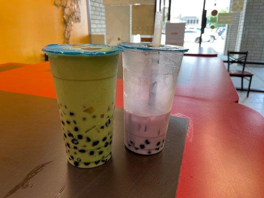 Matcha milk tea and taro milk tea with extra boba and popping bubbles