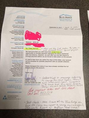 First letter received from Blue Ridge concerning my "late" payment. There was no other notices or calls.