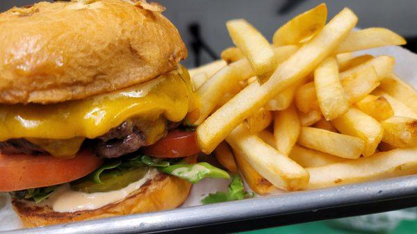 Cheese burger and fries.