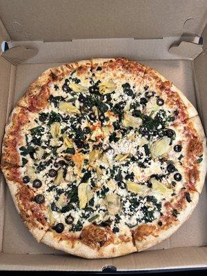 Mediterranean Pizza (feta, olives, spinach, and artichoke)