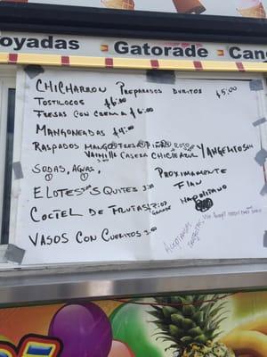 Menu: chamango/mangonada, elote, etc