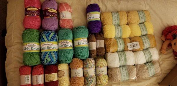 Yarn variety from a recent sale promotion. My favorite might be the worsted set in gold (ten prechosen skeins for ten dollars).