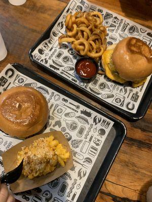 Onion smash, curly fries, mac and cheese