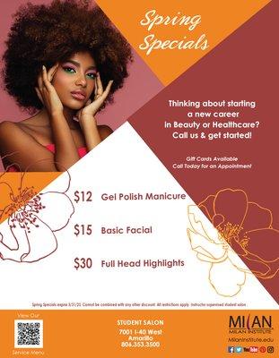 It's Spring, and Milan Institute is blooming with specials! Visit our Student Salon, valid 3/1/23 - 5/31/23.

#MilanInstitute