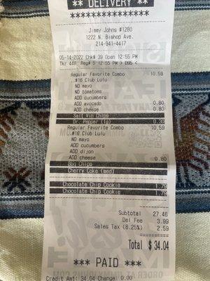 Receipt including delivery fee