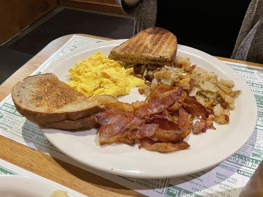 Scrambled Eggs with Bacon, Homefries and Rye Toast