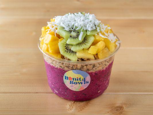 NAMBA - PITAYA BASE TOPPED WITH GRANOLA, PINEAPPLE, MANGO, KIWI, COCONUT FLAKES, & HONEY.