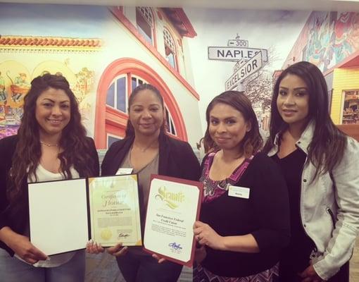 Community Leadership Award from Mayor Ed Lee and Senator Mark Leno.  Left to right:  Maria, Miguelina, Noemy, and Ericka.