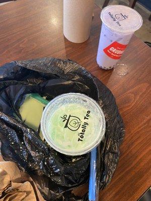 leaked tea in a literal trash bag