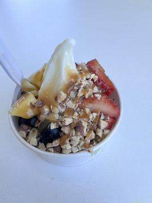 Frozen yogurt with blueberries, strawberries, pineapple, caramel syrup, and almonds.