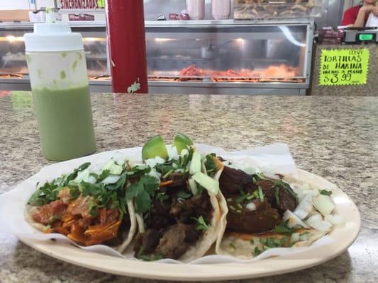 Fajita, asado de puerco and pig ear tacos