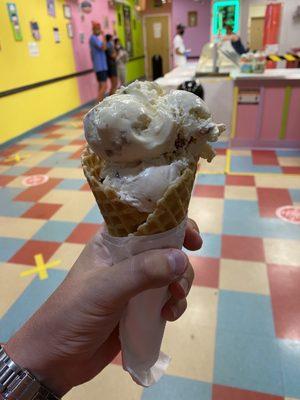 Butter pecan & heath bar on a waffle cone