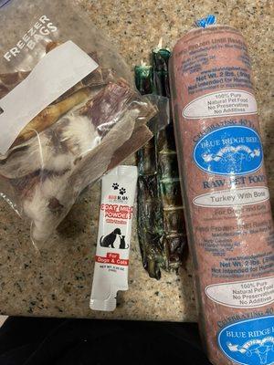 Rabbit ears, goat milk, chews and raw turkey blend