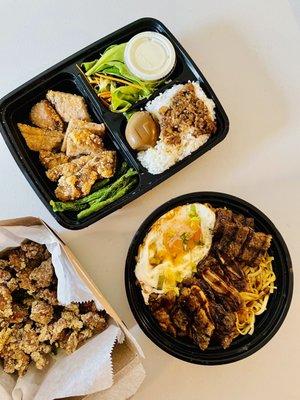 Fried Pork Chop Bento Popcorn Chicken Noodle with Black Pepper Sauce + Meat (Sweet Short Ribs)