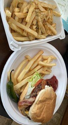 Bacon cheeseburger and garlic fries :)