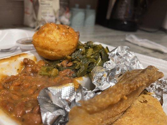 Tilapia, collard greens, pinto beans and cornbread.