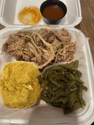 BBQ pork, whipped corn, and green beans