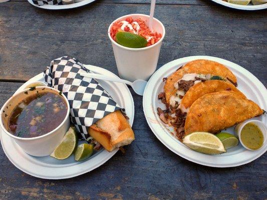 Left- torta birra Right- red tacos Center- Elote corn