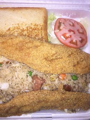 2 pieces of very slim catfish, combo rice, and a "salad"