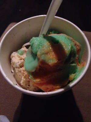 Rainbow sherbet on top, cookies and cream on bottom, yum