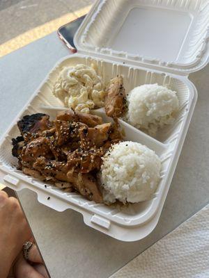 Huli Huli Chicken with macaroni salad and white rice.