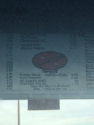 Prices/menu for the carhop service