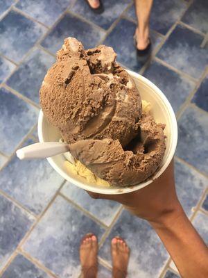 1 scoop of the Graham Slam (graham flavored ice cream with chocolate marshmallow cups and graham swirl) and 1 scoop of Chocolate Marshmallow