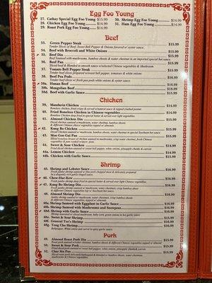 Menu with updated prices 2022