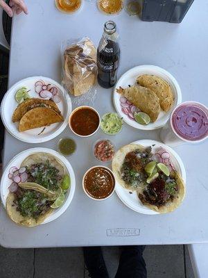 Quesabirria tacos w/ consommé and grands tacos (carne & Al pastor). Chips & salsa, bottle coke, watermelon agua Fresca