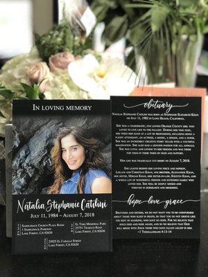 Front and back side of obituary on gloss cardstock.