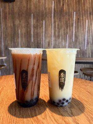 Tiger Milk Tea w/ Oat Milk and Boba (L) and Cold Brew Jasmine Milk Tea w/ Oat Milk and Boba (R)