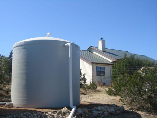 5,000 gallon fiberglass tank used in rainwater catchment system for potable water supply