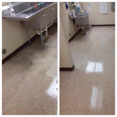 Before and After of a buff and wax, floor care! We thought these were different tiles at first!