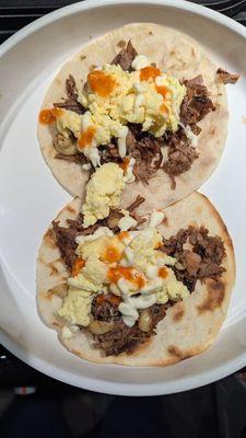 Breakfast tacos: Sonoran flour tortillas and chopped brisket from Redlands Ranch Market. So good!