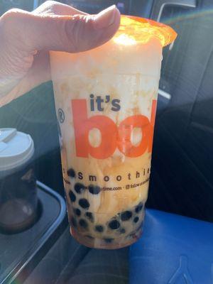 Frosty with pudding, boba, and caramel.