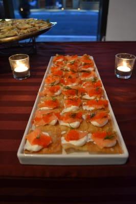 Won ton Crisps with Creme Fraiche, Lox and Golden Caviar.