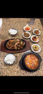 Spicy pork hot plate. Kimchi jiggae