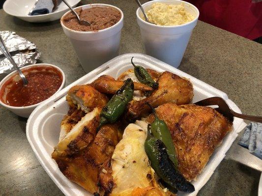 Grilled chicken, refried beans, potato salad and delicious picante salsa.