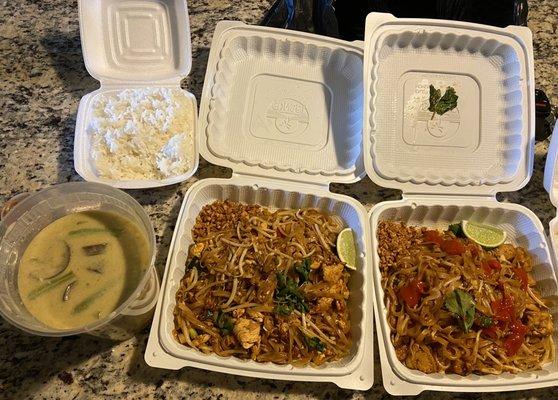 Chicken green curry, chicken pad Thai and tofu pad Thai.