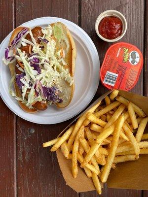 Elk bratwurst and Parmesan fries.