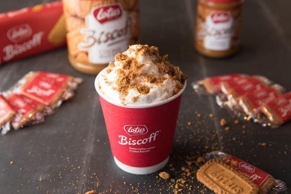 Biscoff Latte topped with Biscoff cookie crumble