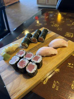 Yellowtail, tuna roll, and a salmon roll.  It was all excellent.