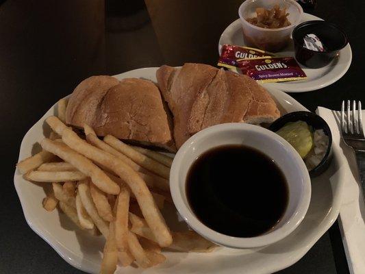 French Dip with fries and au jus/sautéed onions