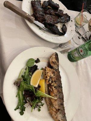 Branzino fish , skirt steak