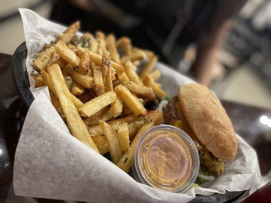 Breath Enhancer Burger with Garlic Rosemary Fries.