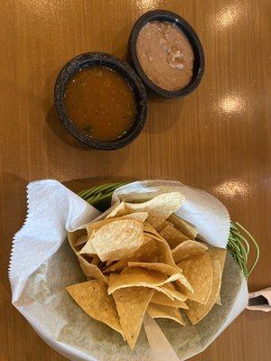 Chips, salsa, refried beans